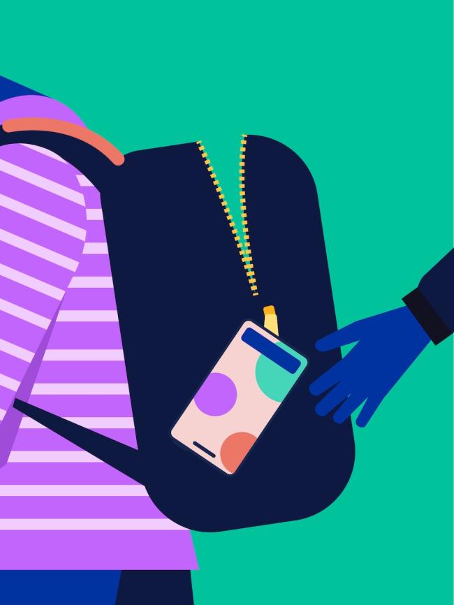 K&auml;si kurkottaa reppuun varastaakseen matkapuhelimen