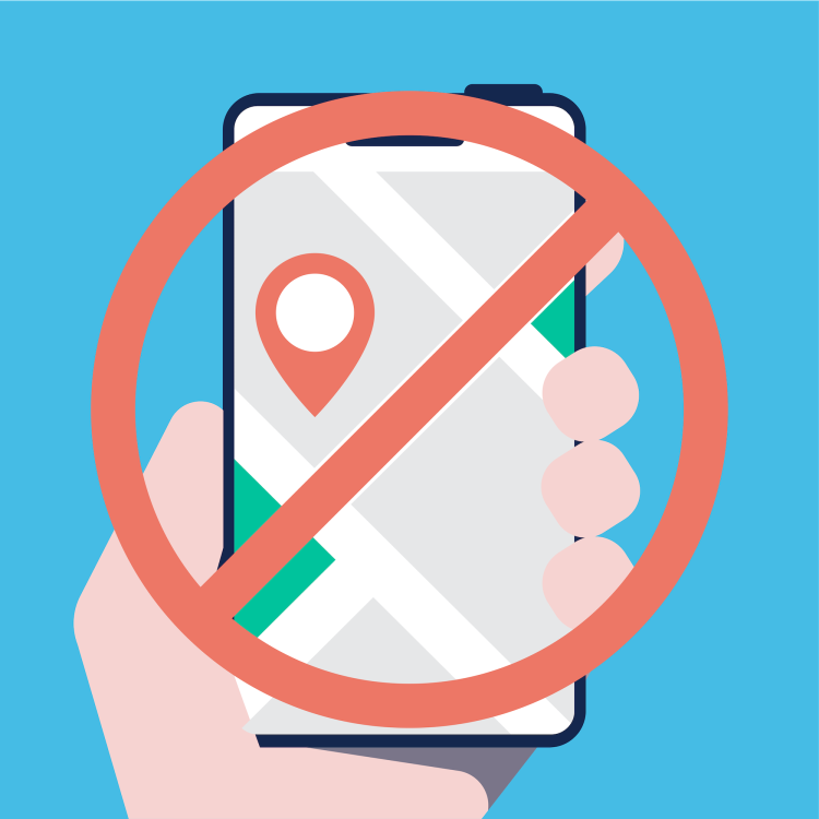 Punainen ympyr&auml;, jonka l&auml;pi kulkee viiva, on sijoitettu puhelinta pitelev&auml;n k&auml;den p&auml;&auml;lle, ja puhelimella n&auml;kyy sijaintipaikka