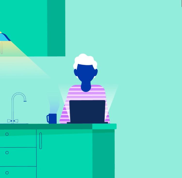 Joku istuu keitti&ouml;ss&auml; kannettavalla tietokoneellaan ja katsoo, miten vahinkoilmoitus tehd&auml;&auml;n